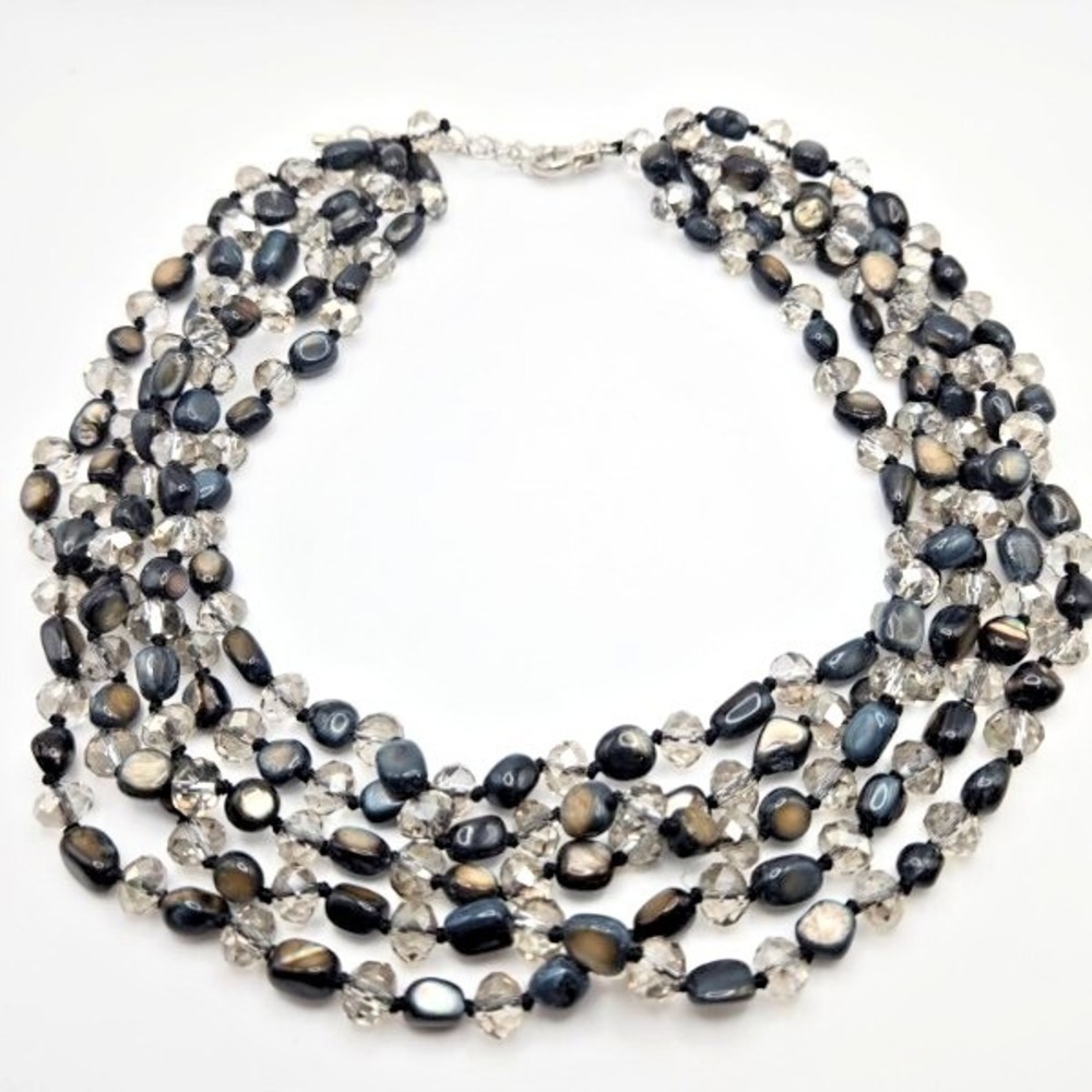 Hand-Knotted 5-Strand Polished Abalone Nuggets‎ and Smoky Glass Necklace